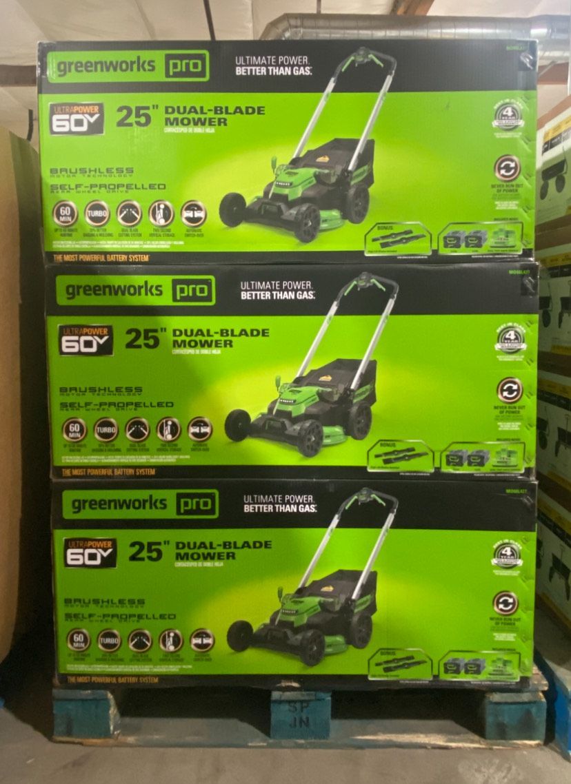 Greenworks 60V 25" Cordless Lawn Mower and Two 4Ah Batteries with Dual Port Rapid Charger