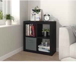 Bookshelf with Storage Bin, 4-Cube Storage Organizer, Modern Wood Open Bookcase, Multifunctional Display Shelf for Living Room, Bedroom, Home Office, 