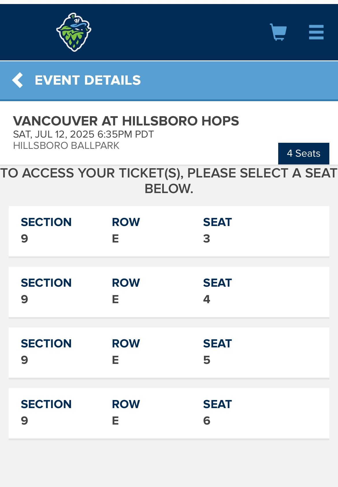 Hillsboro Hops 4 Tickets JUL 12