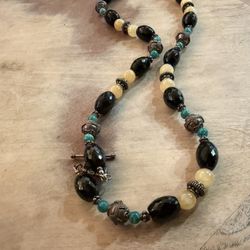 Stunning, SPARKLING, Sterling Silver, Onyx Multifaceted Beaded Necklace 26” Long 