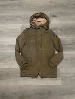 Vintage True Religion Women’s Army Green Military Style Parka with Fur Trim Hood