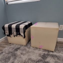 Pair of Upholstered Cube Ottomans – Neutral Cream