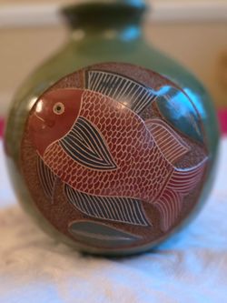 Luis Bracamonte Nicaragua Carved Pottery Vase Turtle Frog Fish Signed 6" High