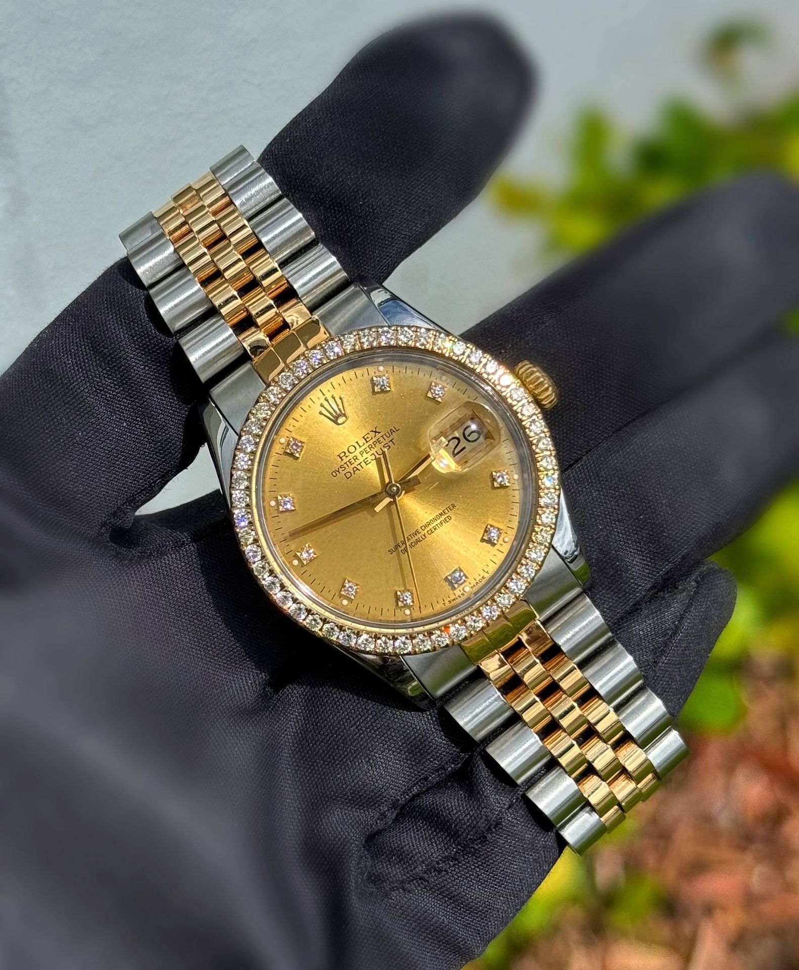 Rolex Datejust 36mm 18k yellow gold stainless steel 16013 champagne diamond dial natural diamond yellow gold bezel 2CTW jubilee bracelet box tag books