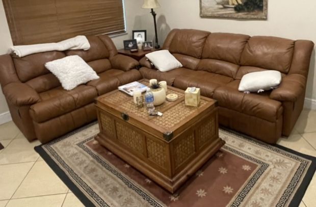 Brown Leather Recliner Couch And Loveseat,includes Cocktail Table, Side Table And Area Rug