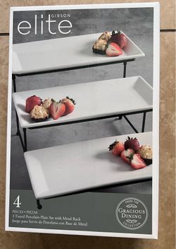 4 pieces - 3 tiered Porcelain plate set with metal rack - elite Gibson