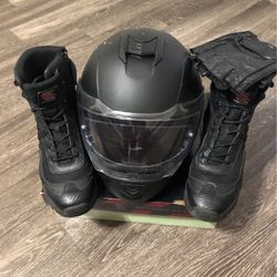 Rider Bundle!! Daytona Glide Helmet, Milwaukee Riding Boots, And  Scorpion Cutoff Gloves