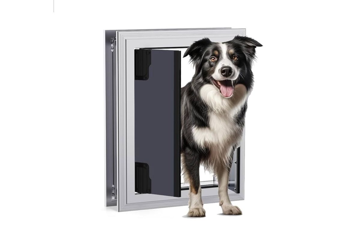 Large Dog Door, Energy Efficient French Dog Door with Aluminum Frame, Telescoping Tunnel, Magnetic Flaps and Sliding Lock Panel (Large)