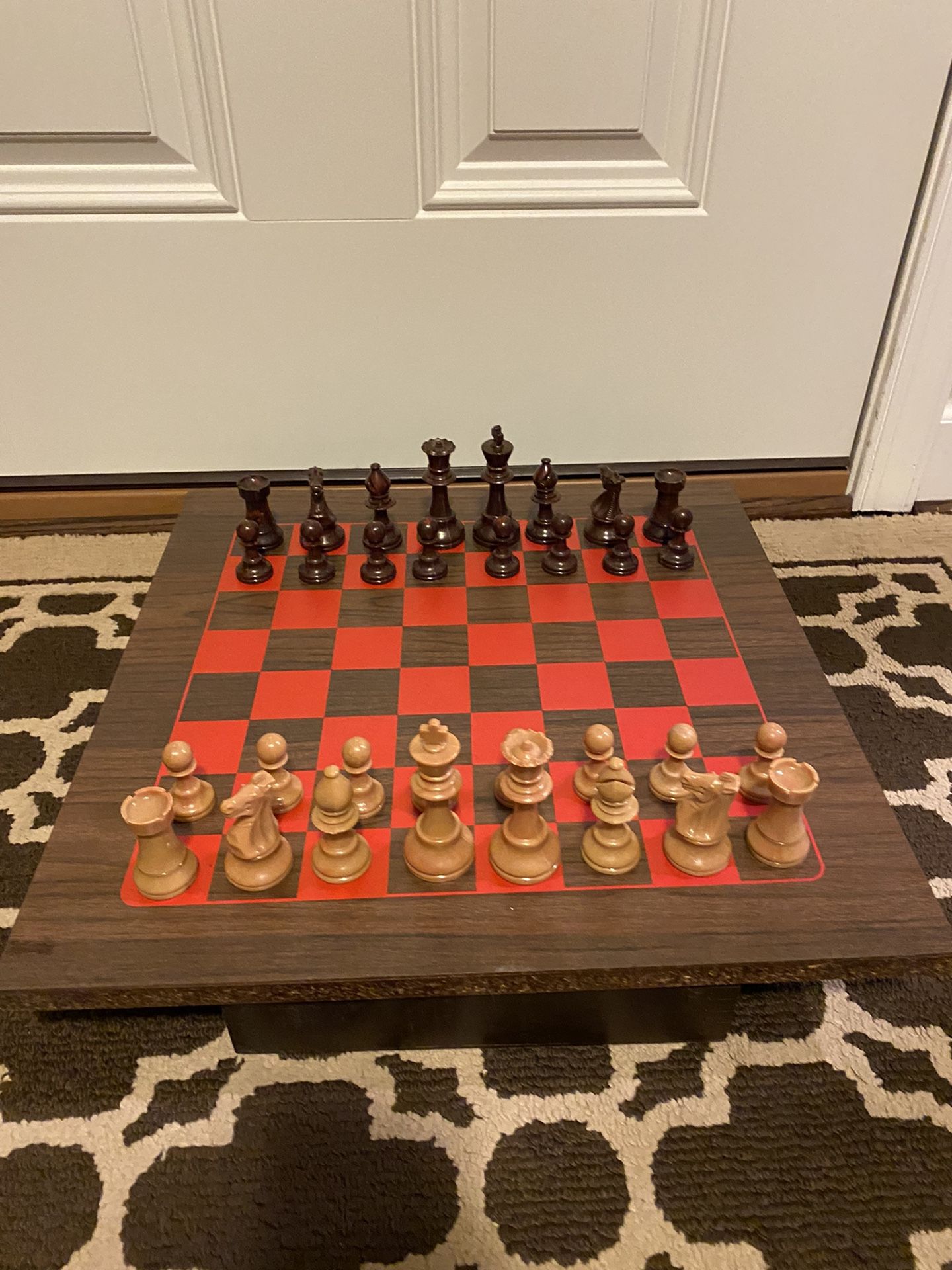 Vintage solid wood chess set with storage drawer