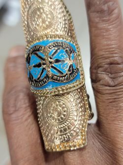 Gold-Tone Armor Knuckle Ring with Blue Enamel
