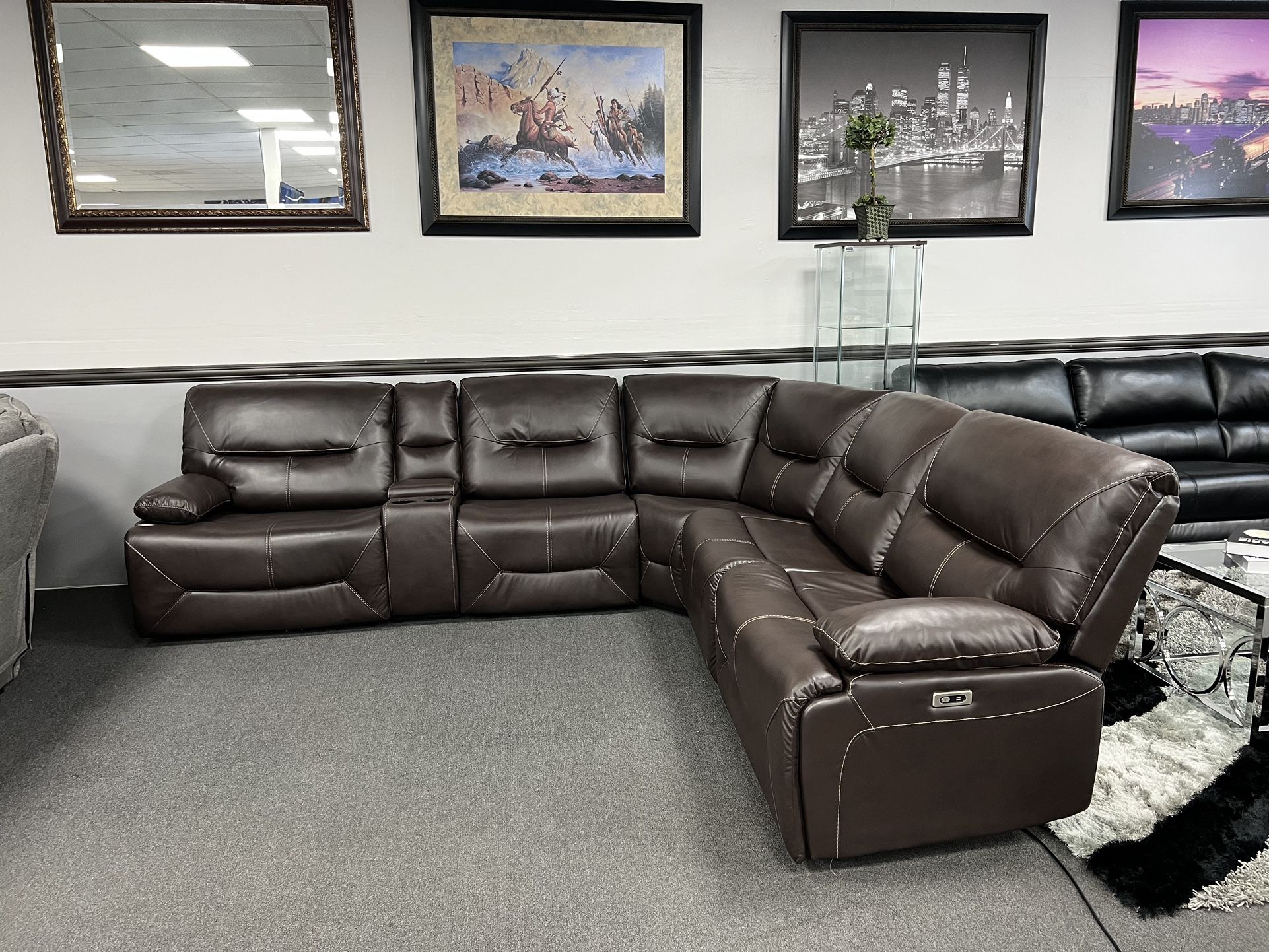 Brown Leather Sofa Sectional w/ Power Recliners