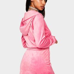 NWT Juicy Extra LARGE Women's Pink Velour Zip Up Cropped Hoodie And Skirt Set hot pink