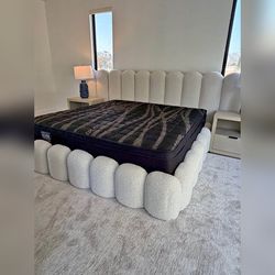 White fully upholsted queen bedframe