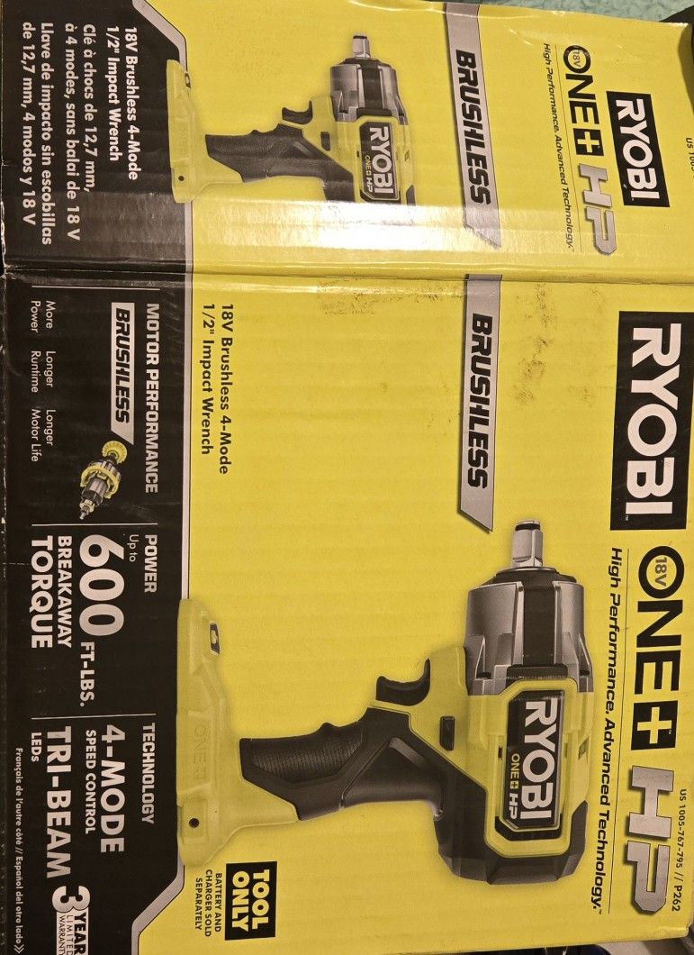 Royobi One 18v+ Hp Brushless 600 Breakaway Torqe 4mode Tri Beam1/2 In .Impact Wrench
