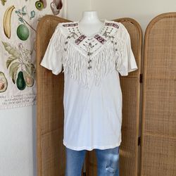 Vintage 80s Risky Cotton Beaded Fringe Western White Shirt