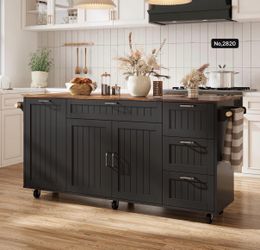 63" Rolling Kitchen Island with Trash Storage, Drawers and Drop Leaf,Expandable Kitchen Island on Wheels with Trash Cabinet and 4 Drawers, Black& Rust