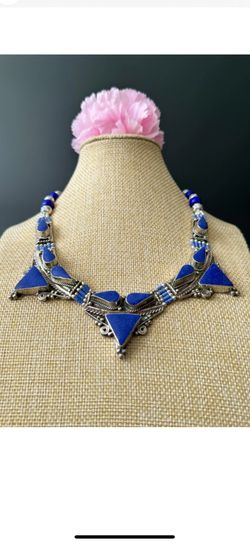 Vintage & Handcrafted Pyramid Shape Necklace Inlay Lapis Set In Silver 18”in & 129grams