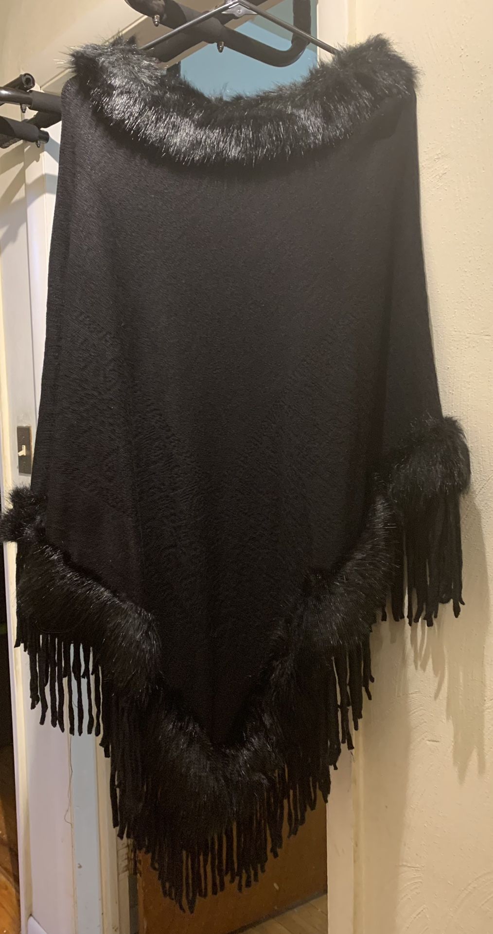 Black Faux Fur Trained Poncho