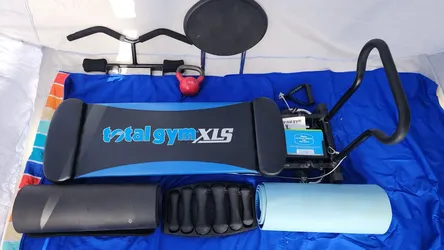 Workout Bundle! Total Gym XLS + dumbell set + yoga + LARGE Laminated workout charts