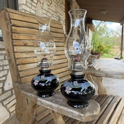 Vintage 1980s Black Glass Floral Oil Lamps (Matching Pair)
