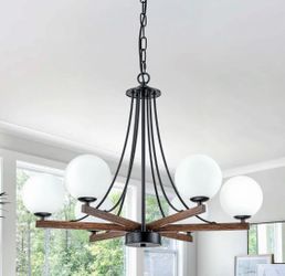 New 26.7”Rustic 6-Light Black Faux Wood Chandelier Frosted Glass Globes Adjustable Height Dimmable