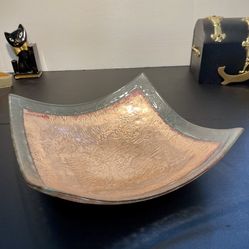 Fused Art Glass Vintage Large Slumped Kiln-Fired Square Peach Bowl Centerpiece 