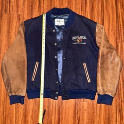 Size L* 90s Universal Cartoon Studios Izzy Varsity Jacket Navy Wool Brwn Leather