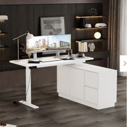 54.3 in. W L-Shaped White Writing Desk Adjustable Height Desk Home Office Workstation with Pop-Up Design Cabinet Drawers