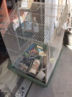 Large foldable birdcage with myriad of toys and feeders