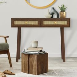 Boho Mid-Century Console Entryway Table with Natural Rattan with Storage Drawer and Open Shelf, Walnut Finish