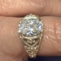 Vintage Large Cubic Zirconia On 925 Sterling Silver Ring With Filligre Heart Sz8