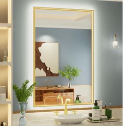 24x36 Inch Gold LED Bathroom Mirror with Lights,3000K/4500K/6000K Front & Back Lights, Dimmable, Anti-Fog, Memory, ETL Listed, Aluminum Frame, Wall Mo