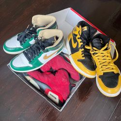 Nike Air Jordan 1 Mid Green White Gold & Jordan 6 Retro Red Black Yellow Size 10 10.5