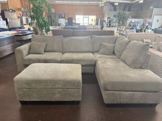 Light Gray Corduroy Sectional with Storage Ottoman