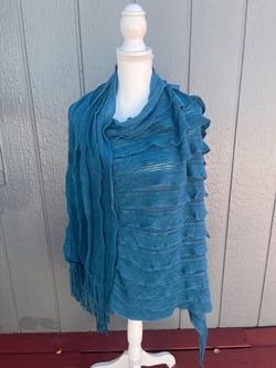 Teal Knit Wrap Shawl with Fringe