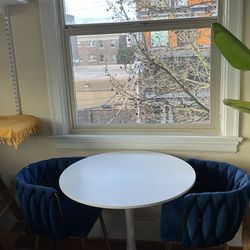 Round Pedestal Dining Table + Velvet Chairs
