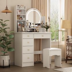 Vanity Desk with Lights, Vanity Desk with Mirror and Lights, Makeup Table with Drawers and Shelves, Crystal Handles, Cushion Stool, White