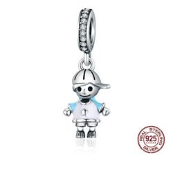 Blue Enamel Baseball Boy European Dangle Charm .925 Sterling Silver
