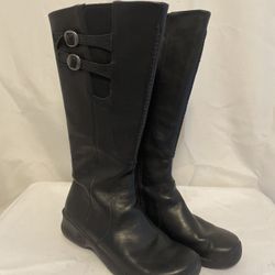 Keen Women's Black Leather Knee High Boots with Buckle Details - Size 7