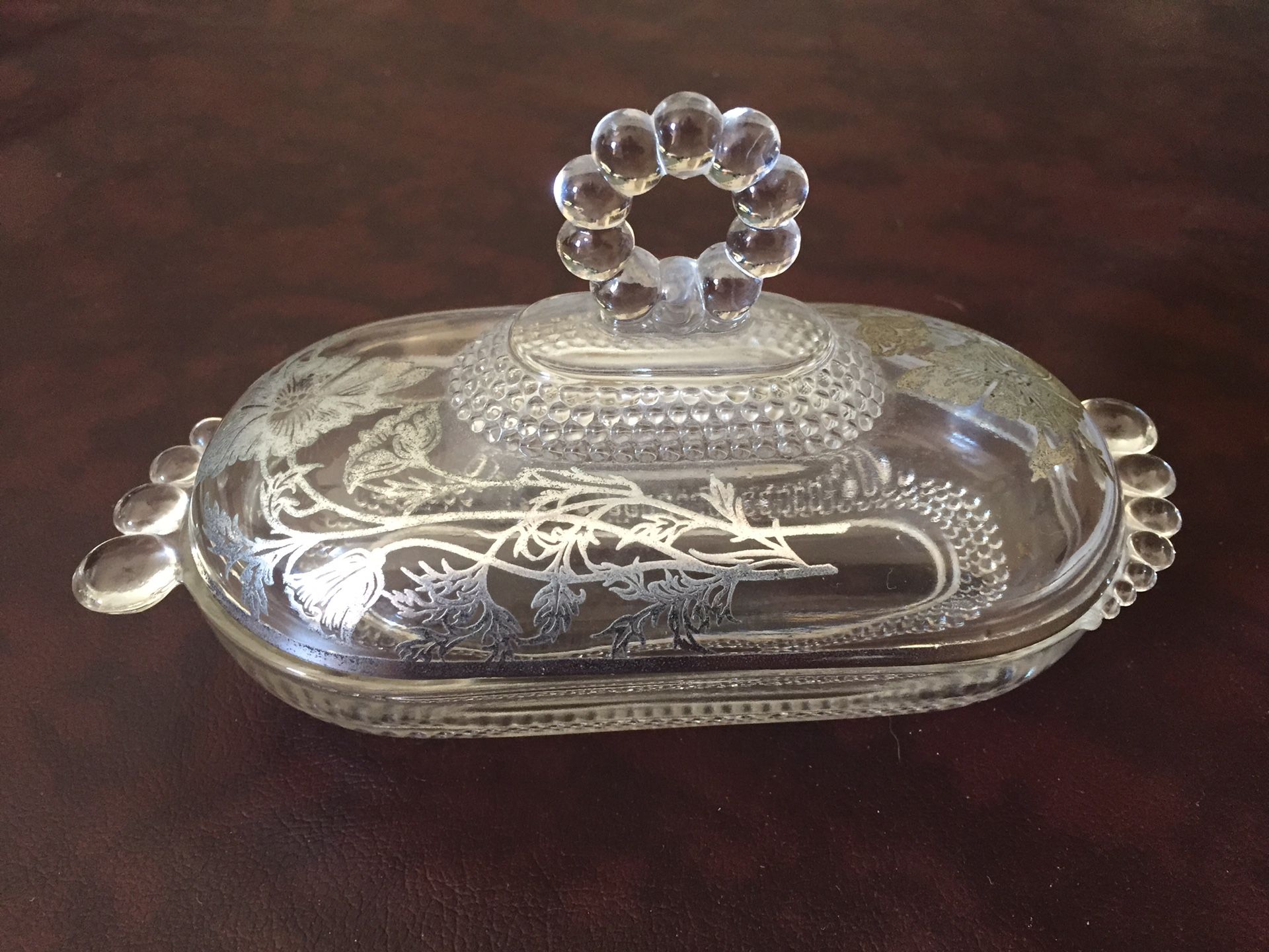 Beautiful Vintage 1940’s Duncan & Miller Glass Butter Dish with Silver Floral Overlay