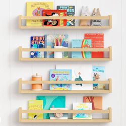 Set of 4 Forbena Natural Wood Nursery Bookshelves for Wall