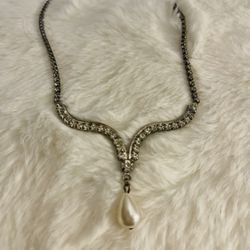 Vintage Rhinestone with Pearl Necklace Chocker Jewelry  Silver 