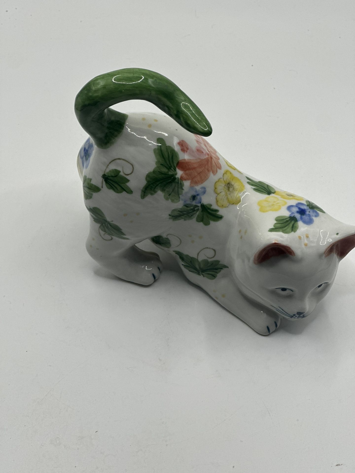 Vintage Pouncing Kitten Cat Andrea by Sadek Hand Painted Flowers Green