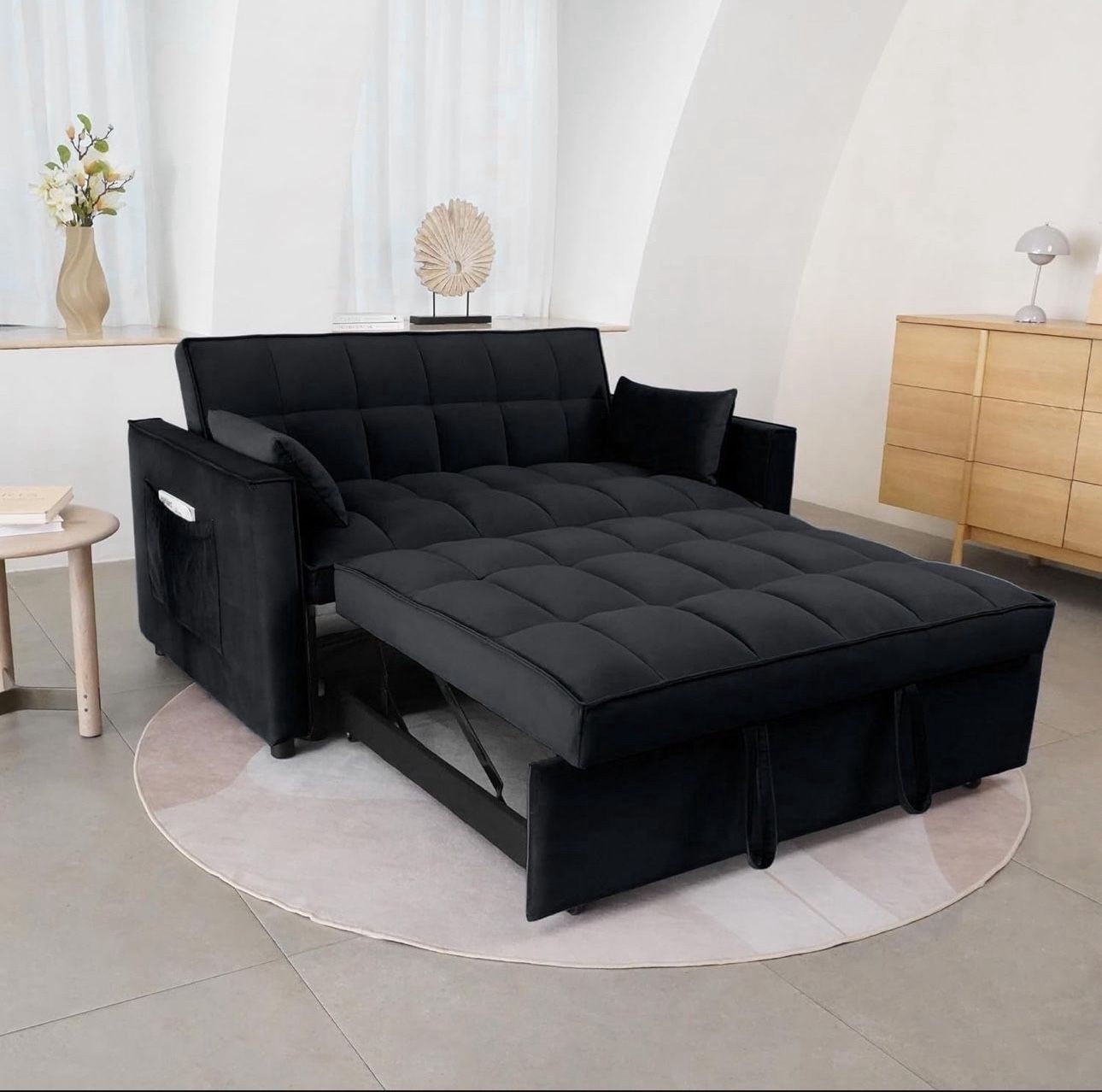 55.2'' Pull Out Couch 2-Seater Sleeper Loveseat, 3-in-1 Reclining Sofa Bed, Futon Adjustable Backrest with Pillows, Pockets, Couch for Living Room Apa