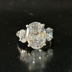 Vintage Ring Size 8 Silver 925 Oval 3 Stone Cubic Zirconia Diamond Large Edwardian