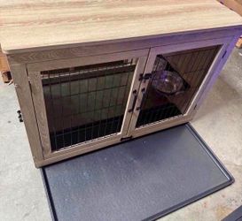 38 inch Dog Crate Furniture with 360°Rotatable Removable Dog Bowls, Dog Crate End Table with Tray, Double Doors Dog Kennels for Dogs