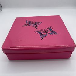 Pink Vinyl Butterfly Wig Dolls Makeup Etc Square Storage Box Vintage 1960’s