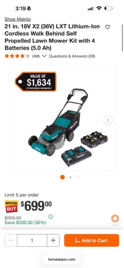 Makita 21" 36V (18V X2) Cordless Self-Propelled Lawn Mower, New Open Box (Tool Only)