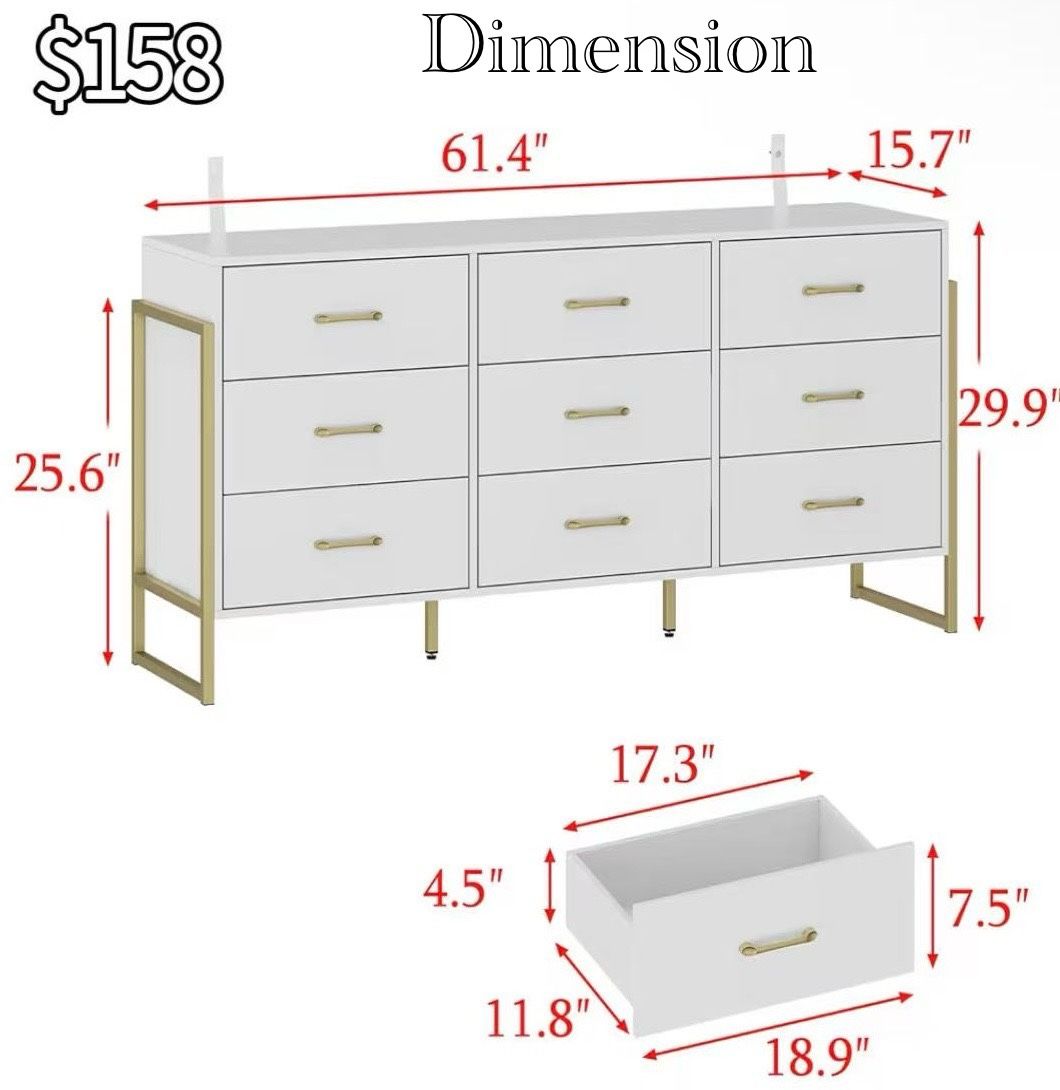 ✌️ WOODTIME Modern 9 Drawer Dresser with Metal Legs, 61.4" Large Dressers & Chests of Drawers Storage Tower Organizer for Bedroom, Living Room, White