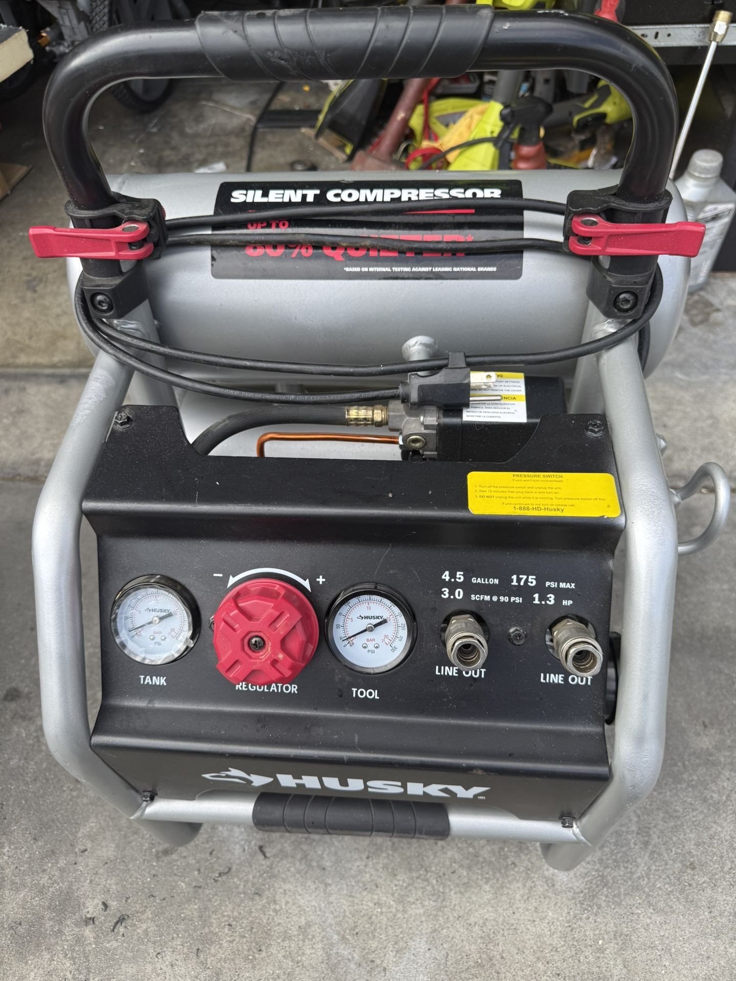 Husky 4.5 Gal. 175 PSI Portable Electric Oil-Free Quiet Twin Stack Jobsite Air Compressor w/Rubber Wheels and 2-Quick Couplers